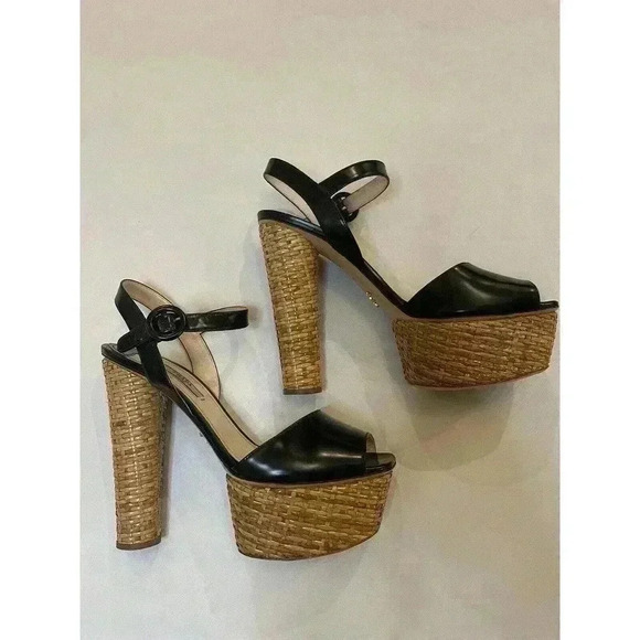 Prada Platform Sandals Wicker Black Patent Leather High Heels Pumps EU 40 US 10 - Picture 5 of 16